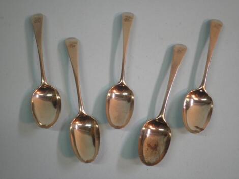 A set of five Old English pattern silver spoons engraved with a swan crest