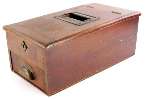 A late 19th/early 20thC mahogany cash register, with label for Paid Goods, Cash, Accounts with working bell, interior with original instructions, 23cm wide, 44cm long.