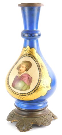 A late 19thC continental lamp base, with gilt metal mounts, the porcelain central section printed with a portrait possibly of a gentleman within gilt cartouche, on a blue ground, possibly Paris, 37cm high.