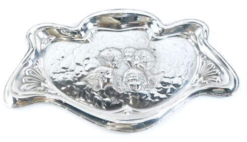 An Edwardian silver tray, decorated in Art Nouveau style with 'Reynolds Angels', the shaped border with a moulded edge, Birmingham 1906 by Thomas Wooley, 8¾oz, 36cm wide.