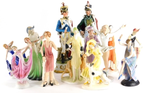 A collection of porcelain figures, mainly in the Art Deco style, to include a Goebel figure. (AF)