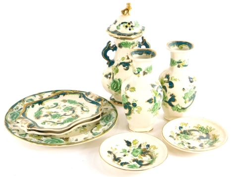 A collection of Masons green Chartreuse ironstone, to include a vase and cover, pair of vases, etc.