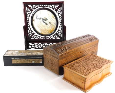 A collection of oriental boxes, to include a mother of pearl inlaid glove box, (AF), a carved Indian box, small domed top box, and an embroidered oriental screen with lacquered frame.