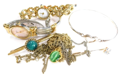 A group of costume jewellery, to include modern dress watches, pendants, silver heart bangle, silver chains, gold plated chains, etc. (a quantity)