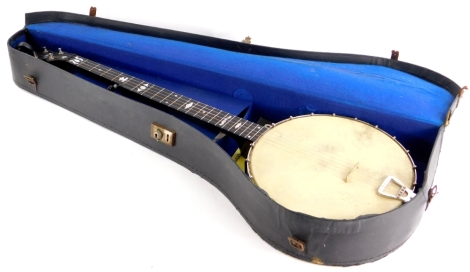 A Clifford Essex Company banjo, with mother of pearl inlaid ebonised finger board, silver plated base, silver plaque and numbered 0537, in fitted case with some accessories.