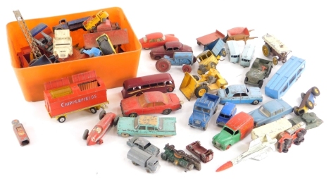 A quantity of play worn die cast vehicles, to include Corgi Major Chipperfield circus, Dinky Foden truck, Dinky Rover 75, etc.