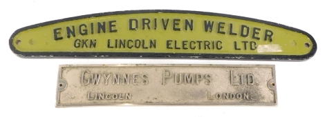Two Lincoln related engine plaques for the engine driven welder made by GKN of Lincoln Electric Limited, and a plaque for Gwynnes Pumps Limited of Lincoln and London. (2)