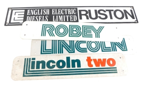 A Rustons English Electric Diesels Limited plaque, two plaques for Robeys of Lincoln and a Lincoln Two plaque. (4)