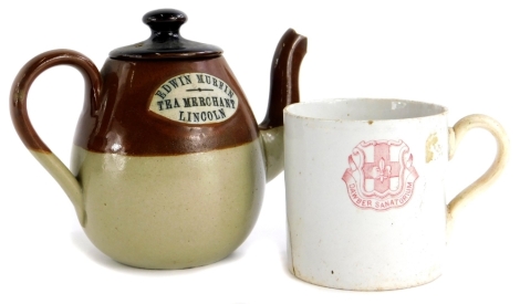 A late 19thC/early 20thC stoneware teapot, stamped Edwin Murfin Tea Merchant Lincoln with an associated lid, and a mug stamped Dawber Sanatorium (AF).