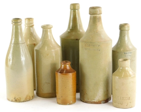 A collection of stamped porter and other stoneware flagons, to include Soulby, Alford, Hoyland, Clifton-Bank, P.Luck of Louth, Grimble and Kent, Boston, Thompson, C.Job of Sleaford, Brown of Tattershall and Rossell of Sandiacre. (8) 