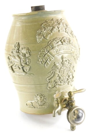 A 19thC stoneware brandy barrel, with brass tap, stamped Bobies Patent, 32cm high.