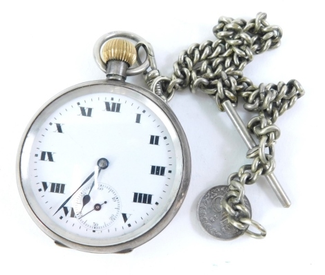 A continental white metal pocket watch, the enamel dial with Roman numerals, the case stamped 925, and a silver plated chain.