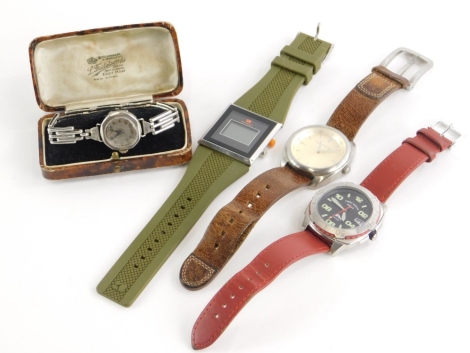 A group of watches, to include a Tommy Bahama gentleman's wristwatch, a Calvin Klein Jeans watch, a Boss Orange watch and a vintage silver cased wristwatch, on stainless steel expanding strap, boxed. (4)