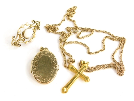 Three items of jewellery, to include a 9ct oval locket with foliate decoration, 6.1g all in, a bar brooch set with imitation opal and seed pearl in a gold plated frame and a crucifix pendant and chain, the crucifix marked 90%, the chain unmarked. (3)