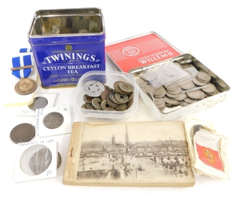 A quantity of coins and tokens, to include a Liverpool half deed token from 1792, a British Empire Exhibition token from 1924, oriental coins, nickel silver coins, silk cigarette cards, an oriental silk embroidered picture, etc.