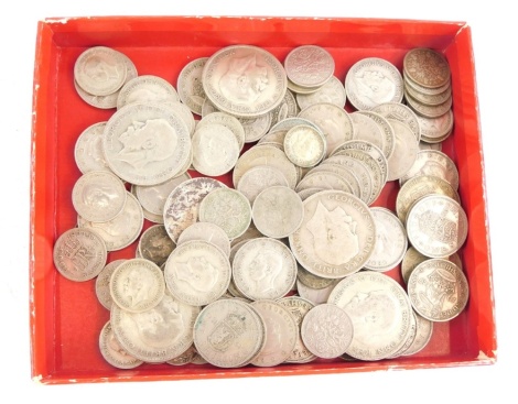 A large quantity of British white metal coins, to include some half silver and nickel silver.