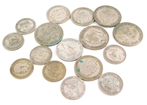 A collection of pre 1946 silver crowns, shillings, half crowns, approximately 144g.