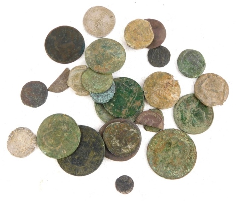 A quantity of excavated and other coins, to include some medieval silver, clipped coins, Roman, etc.