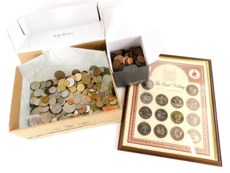 A large quantity of British and foreign coins, and a framed Royal Wedding coin collection set of crowns.