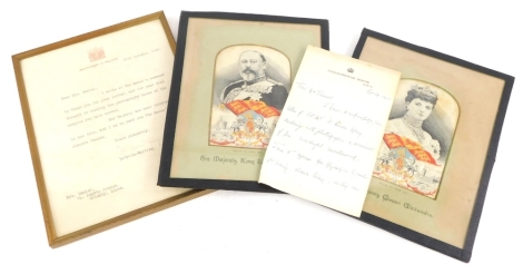 A collection of Royal memorabilia, to include a letter from Buckingham Palace signed by Margaret Hay, Lady in Waiting to the Queen, to a Mrs Daniel, dated 1952, another letter to Mrs Daniel signed by Margaret Aupthite dated 1952, on Marlborough House head