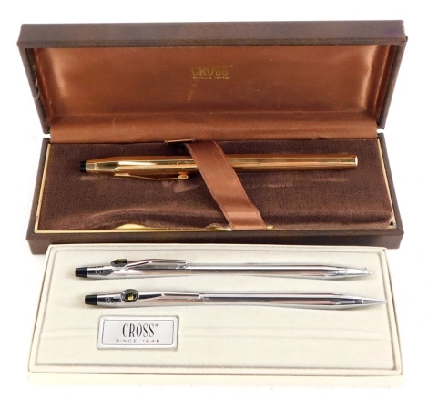 A Cross RGT pen and propelling pencil set, and a Cross gold plated fountain pen.