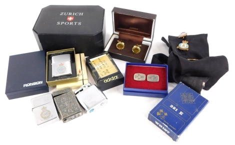 Miscellaneous RAF and other memorabilia, to include commemorative Zippo lighters, a Ronson lighter, RAF squadron enamel badges, a ladies Zurich Sports watch, etc.