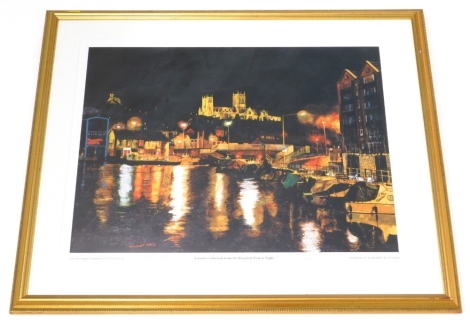 After Stuart Pearson. Lincoln Cathedral from the Brayford at night, artist signed limited edition print 91/500, 46cm x 56cm.