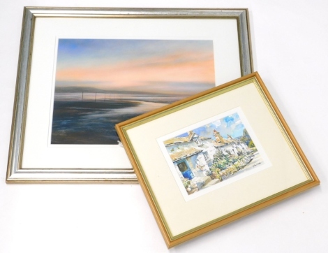 After Jana Juppenlatz. Way Markers the Causeway, Holly Island, artist signed limited edition print with certificate, 28cm x 37cmi , and a print of Boscastle Village, Old Cottages (2).