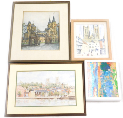 Linda Garner. Summer Gardens, oil on board, 19cm x 25cm, and a print of Lincoln Brayford After Barton, another view of Lincoln, signed Audrey Cooke, and a continental coloured etched engraving of a church and an additional picture of Lincoln (4).