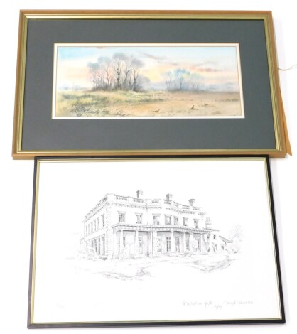 Trevor Dawkins. Pheasants in a rural landscape, watercolour, 17cm x 38cm, and a limited edition print of Riseholme Hall. (2)