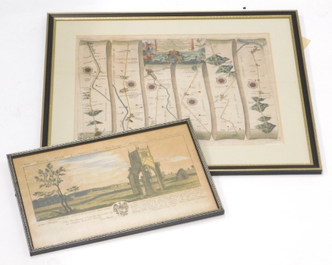After John Ogleby. The Road from Nottingham to Grimsby, later coloured road map, 34cm x 36cm, and a print of the North West prospect of Barling's Abbey near Lincoln, After Samuel Buck. (2)