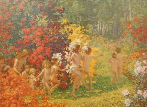 Arthur John Black (1855-1936). Nude children frolicking in a forest, artist signed print, signed to the mount with watermark, 45cm x 56cm.
