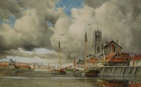 Louis van Staaten (1836-1909). Dutch townscape and boats drying sails before spire and buildings, watercolour, signed, 42cm x 59cm. Verso label Hare & Son, Art Depository, Stamford.