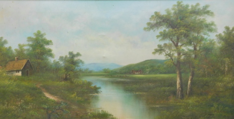 •20thC School. River landscape, oil on canvas, 60cm x 120cm, and five picture frames.