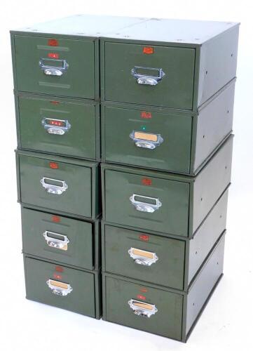 A pair of Veteran Series green metal vintage filing drawers, various sections, each 27cm wide.