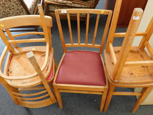 A quantity of kitchen chairs, and stools, the chairs with red leatherette seats, etc. The upholstery in this lot does not comply with the 1988 (Fire & Fire Furnishing) Regulations, unless sold to a known exporter or upholsterer it will be cut from the fra