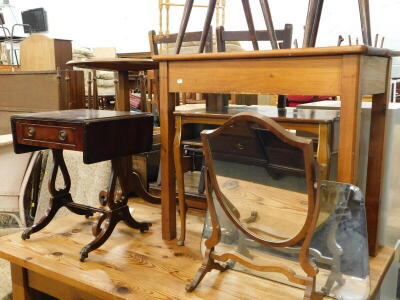 A collection of furniture, to include a pine side table, shield shaped mirror, drop leaf table, kidney shaped foot stools, etc. (a quantity) The upholstery in this lot does not comply with the 1988 (Fire & Fire Furnishing) Regulations, unless sold to a kn