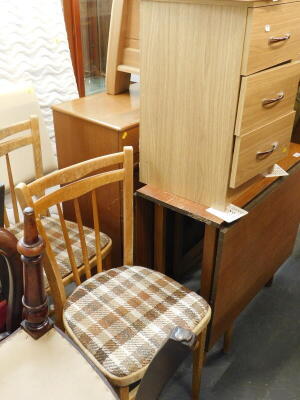A collection of furniture, to include chest of drawers, two chairs with drop in seats, three drawer bedside chest, drop leaf table, etc. (a quantity)