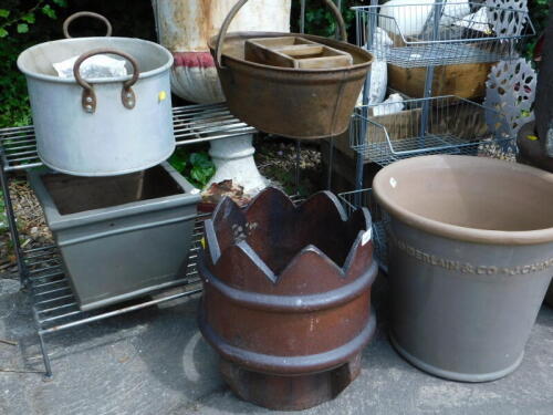 A quantity of garden ornaments, plant pots, etc., to include a metal three tier plant stand, cockerel figures, chimney type stack, etc. (a quantity)