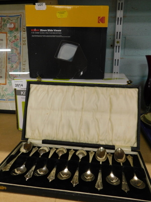 A Sedhoom multi functional kitchen tool, boxed, a Kodak 35mm slide viewer, boxed, and a cased set of plated spoons.