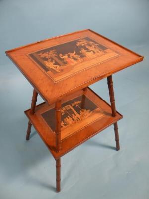 A late 19thC Italian Sorrentoware olive wood two-tier table