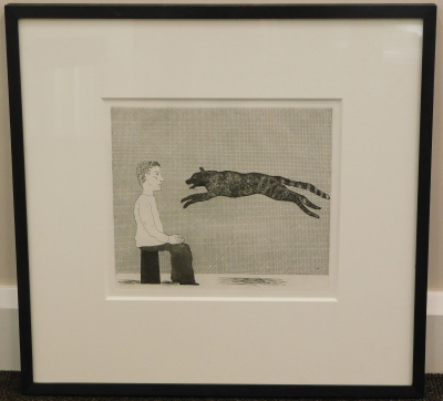 •David Hockney O.M. C.H. R.A. (b.1937). A Black Cat Leaping from the story The Boy Who Left Home to Learn Fear, etching, aquatint, titled and dated 1969 verso, 24cm x 27cm. Label verso Goldmark Gallery, Uppingham, Rutland. - 5