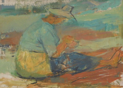 •Evelyn May Gibbs (1905-1991). Hatted woman, net mender, oil on board, signed, titled verso, 29cm x 39cm. Artist label verso. - 5