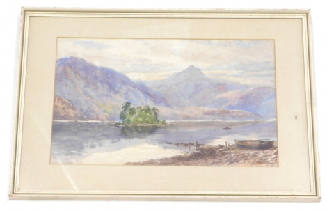 •William Ralph Burrows (20thC). English School. Lakeland landscape figure in a boat before islands and mountains watercolour, signed, 29cm x 45cm. Burrows was head of Coalville Grammar School in the 1920's.