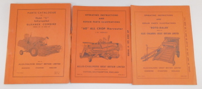 An Allis-Chalmers parts catalogue for a Model 'C' Self Propelled Gleaner Combine, Serial EC1 and up, together with operating instructions and repair parts illustrations for a 'Roto-Baler', Serial ER3007 and up, and a '60' All Crop Harvesters 'A' Series, S