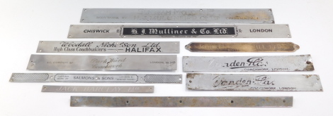 Coach builders metal strip plates, comprising a pair for Vanden Plas., Woodhall Nicholson Ltd., Halifax., Jack Barclay., Salmon & Sons, Morkel and Carnall Ltd, Nottingham., H J Mulliner & Company Ltd., Sunbeam Motors Ltd., and Park Ward, Conduit Street, L