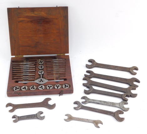 Austin BSA and other spanners, together with a tap and die set, boxed. (a quantity)