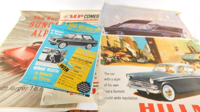 Four Hillman posters, comprising Minx de luxe saloon, The car with a style of its own and a famous world-wide reputation, ref 773/H, New Humber, Imperial and Snipe models, ref 1116/H, Imp comes complete with all these advanced features, ref 965/HJ, and Th