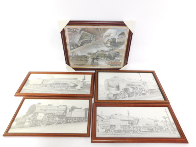 Four charcoal studies of steam locomotives, including Empire of India, and Tehran, together with a print The History of Steam, all framed and glazed. (5)