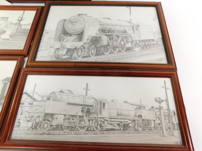 Four charcoal studies of steam locomotives, including Empire of India, and Tehran, together with a print The History of Steam, all framed and glazed. (5) - 2